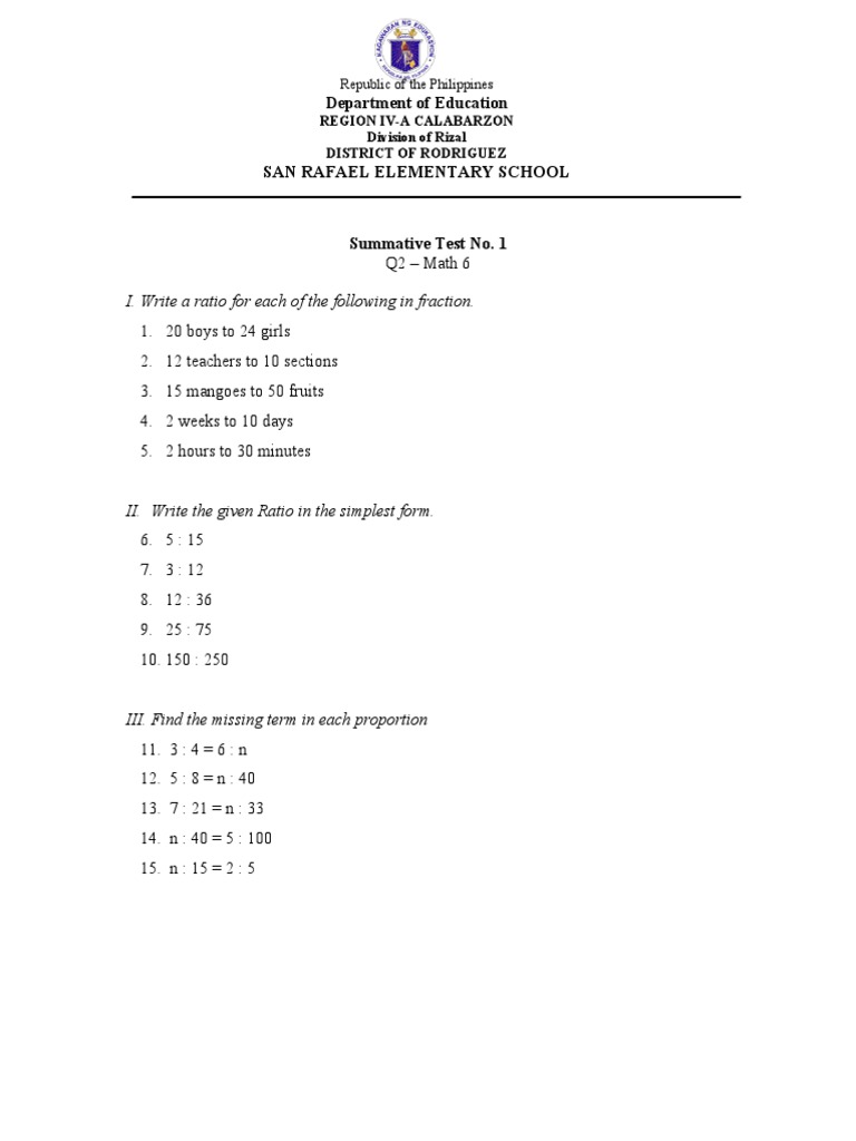 Math 6 Summative Test on Ratios | PDF