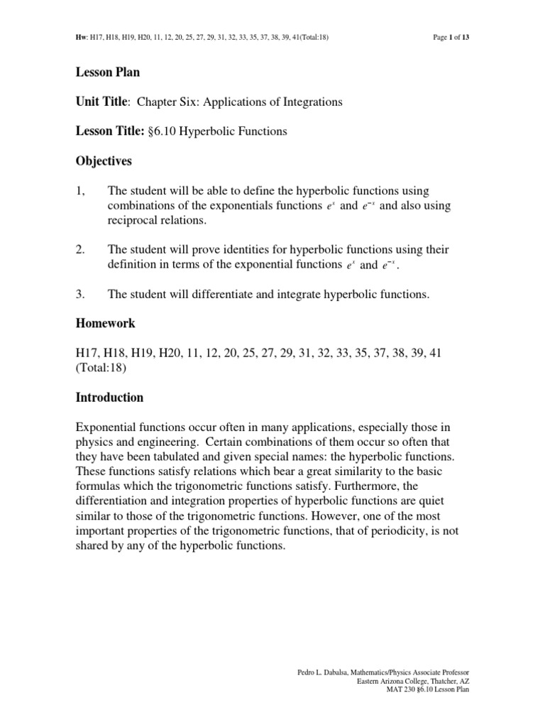 Hyperbolic Functions Lesson Plan | PDF | Function (Mathematics ...