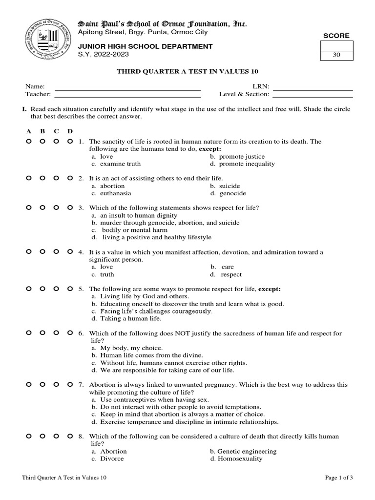 Values-10 Third Quarter A Exam | PDF | God | Suicide