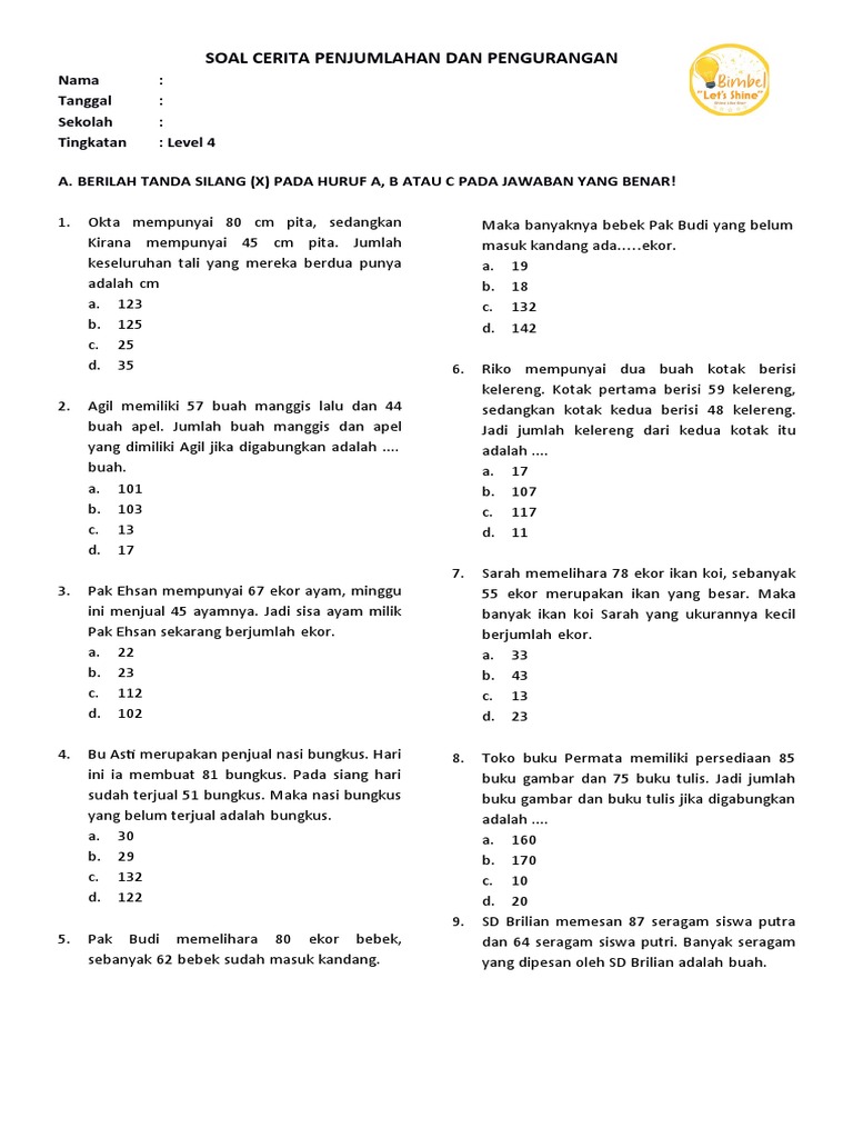 Soal Cerita Penjumlahan Dan Pengurangan Kelas 3 Sd Level 4 Pdf