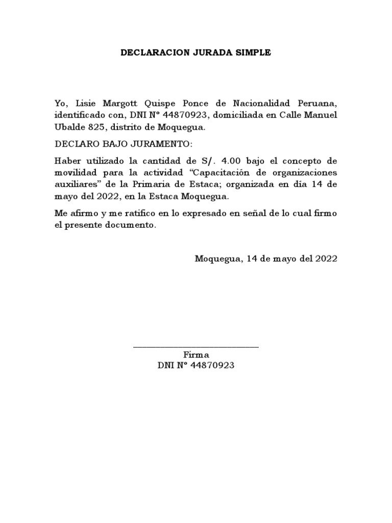 Ejemplo de Declaración Jurada Simple | PDF