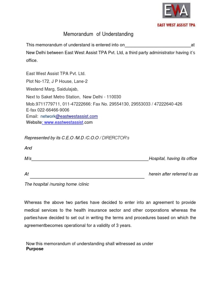 Mou of East West Tpa PDF Hospital Patient