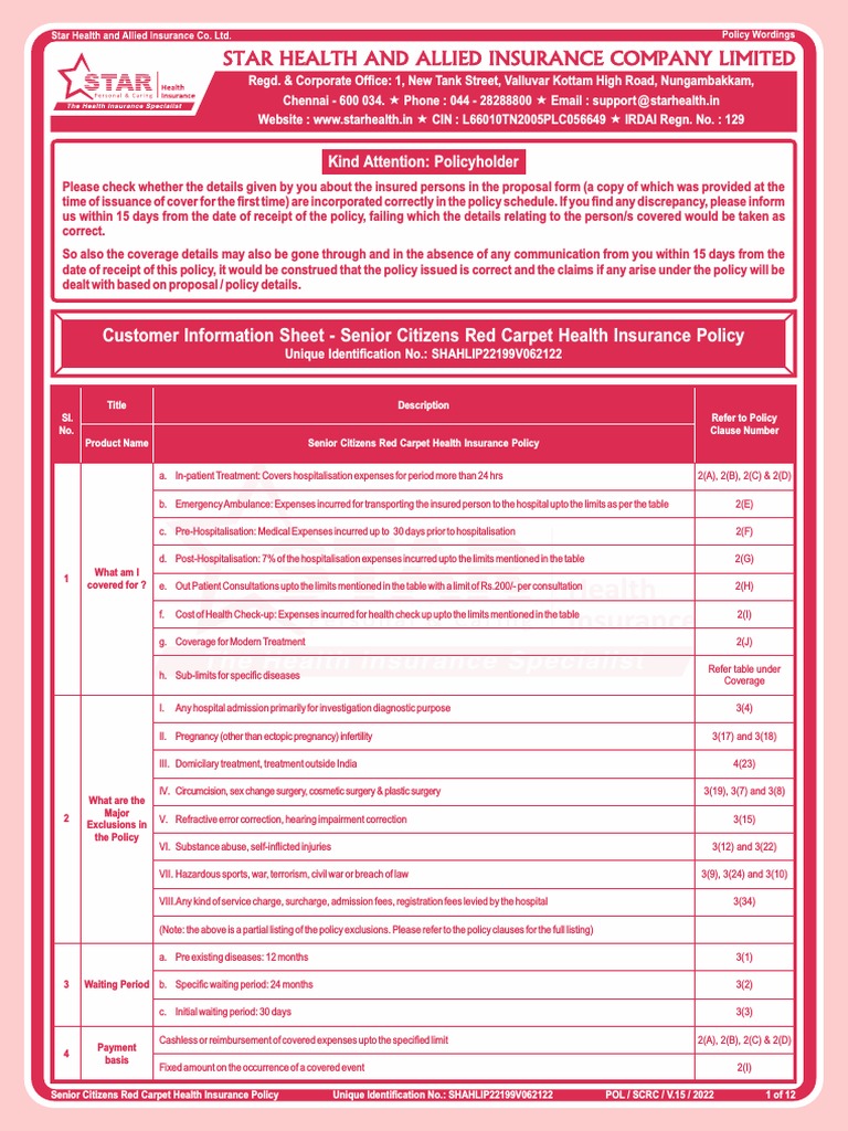Senior Citizens Red Carpet Health InsurancePolicy | PDF | Hospital ...
