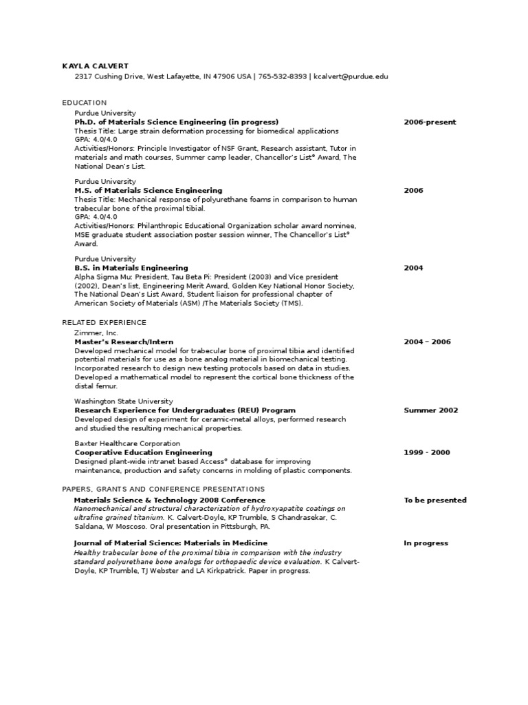 Calvert CV For Material Scientist | PDF | Engineering | Materials Science
