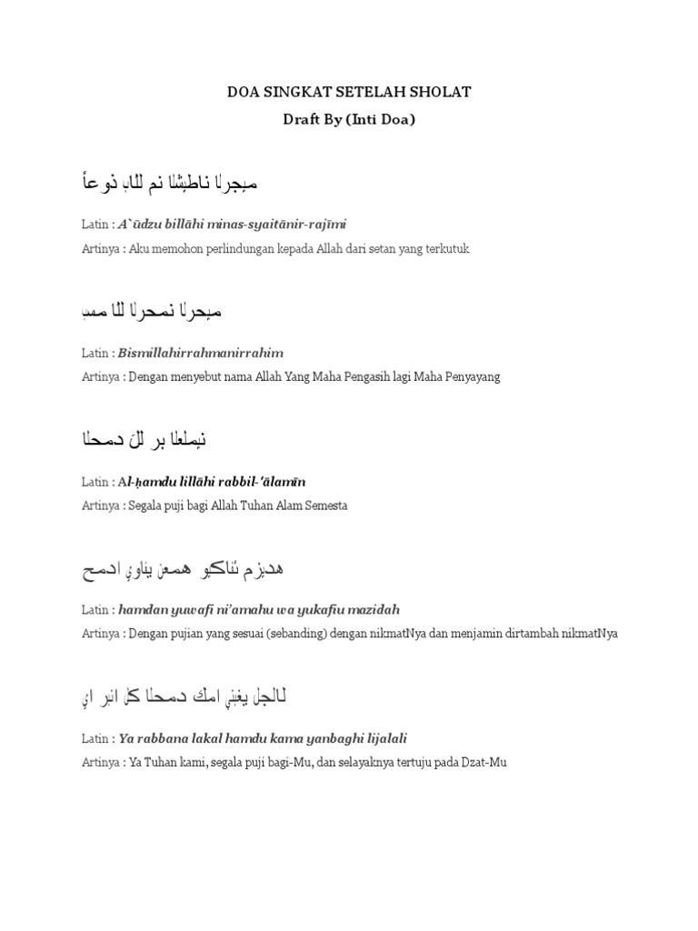 Doa Singkat Setelah Sholat Draft by (Inti Doa) | PDF
