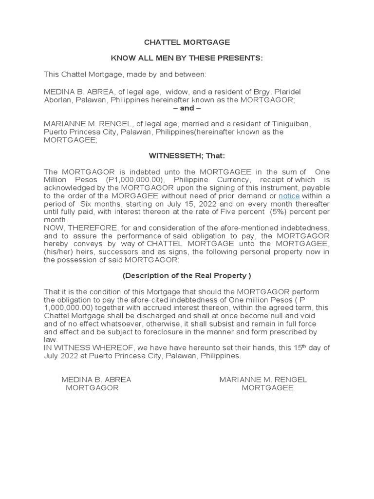 Chattel Mortgage Joemar PDF Mortgage Law Civil Law Law)