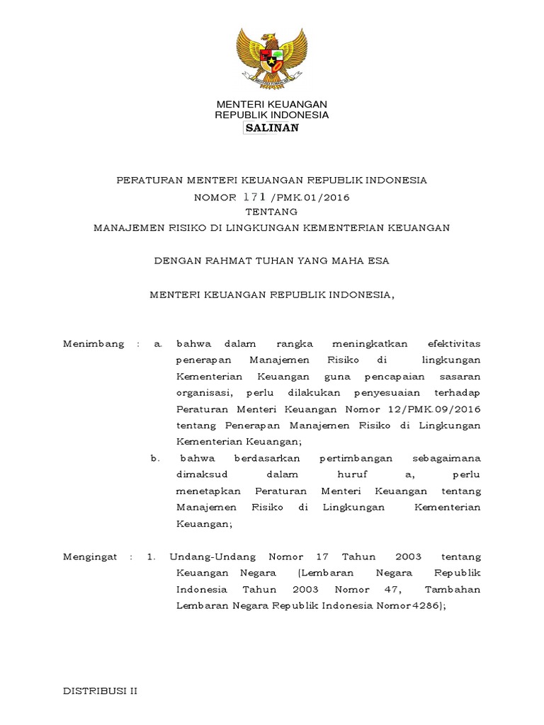PMK Nomor 171 PMK.01 2016 Tentang Manajemen Risiko | PDF
