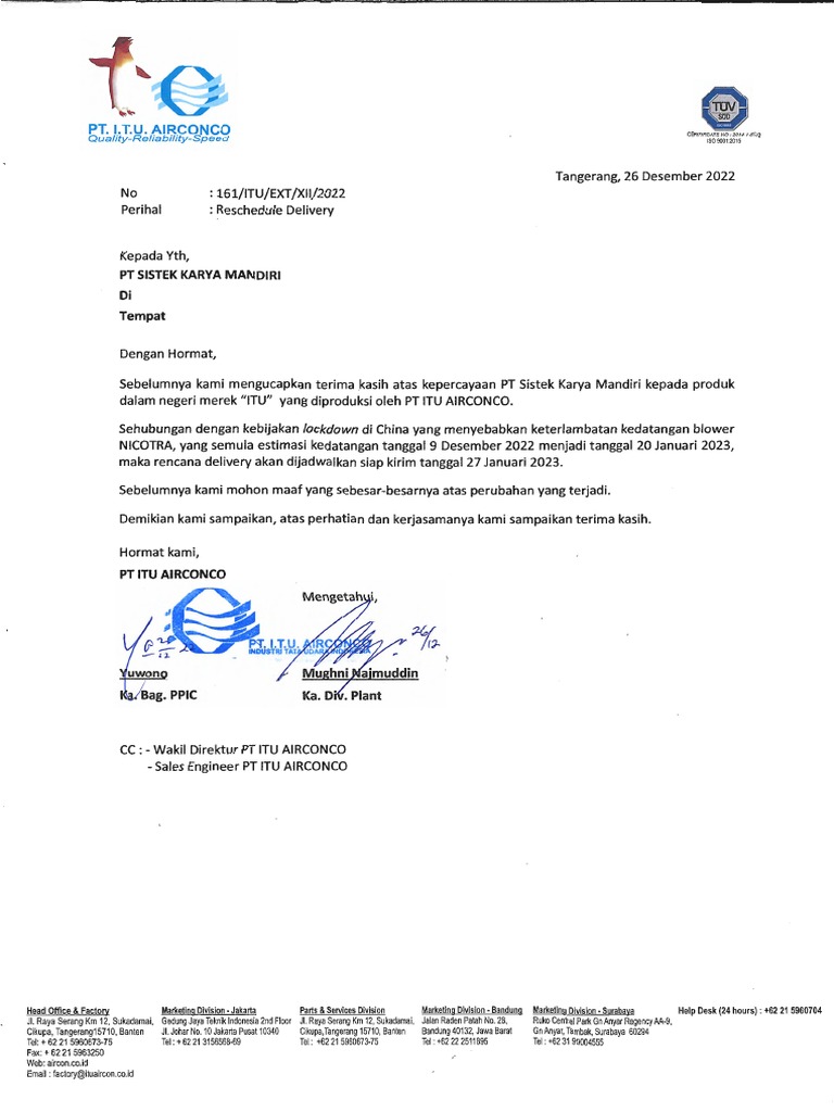 Surat Reschedule Delivery PT Sistek Karya Mandiri PDF