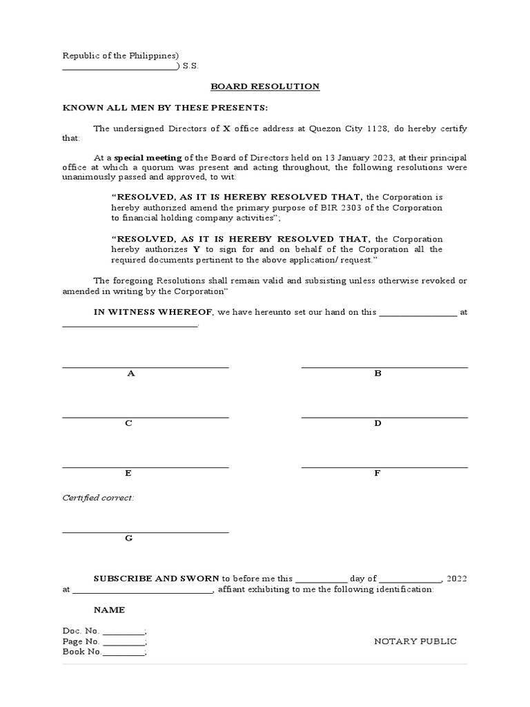 Board Resolution for BIR 2303 Amendment | PDF | Finance & Money Management