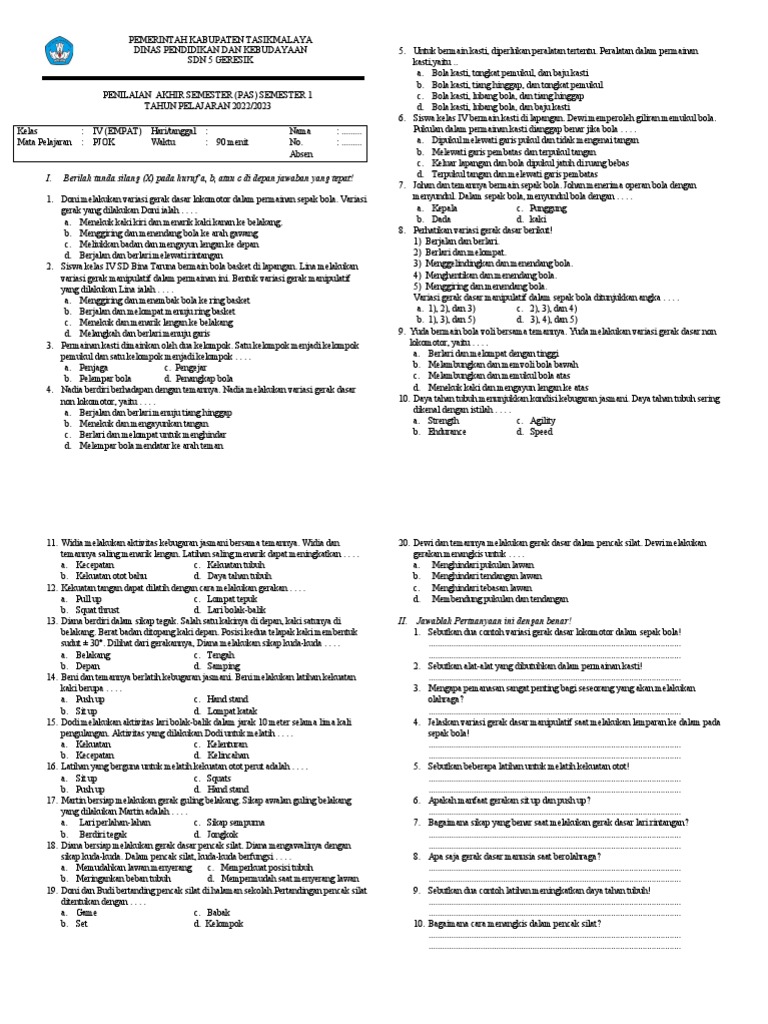 Persiapan Optimal: Download Soal PAS Penjaskes Kelas 8 Semester 2 Kurikulum 2013 untuk Raih Nilai Maksimal