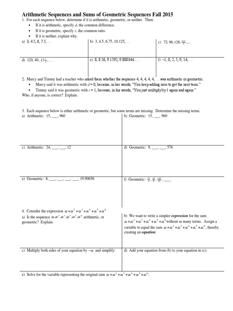 Arithmetic Sequences and Sums of Geometric Sequences Fall 2015 | PDF ...