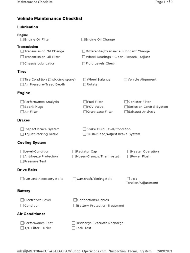 Comprehensive Vehicle Maintenance Checklist Covering Engine