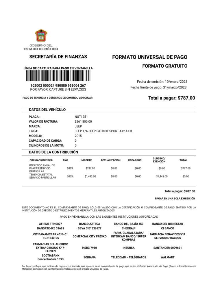 Recibo de Pago de Tenencia DGR, GEM PDF Dinero Bancario