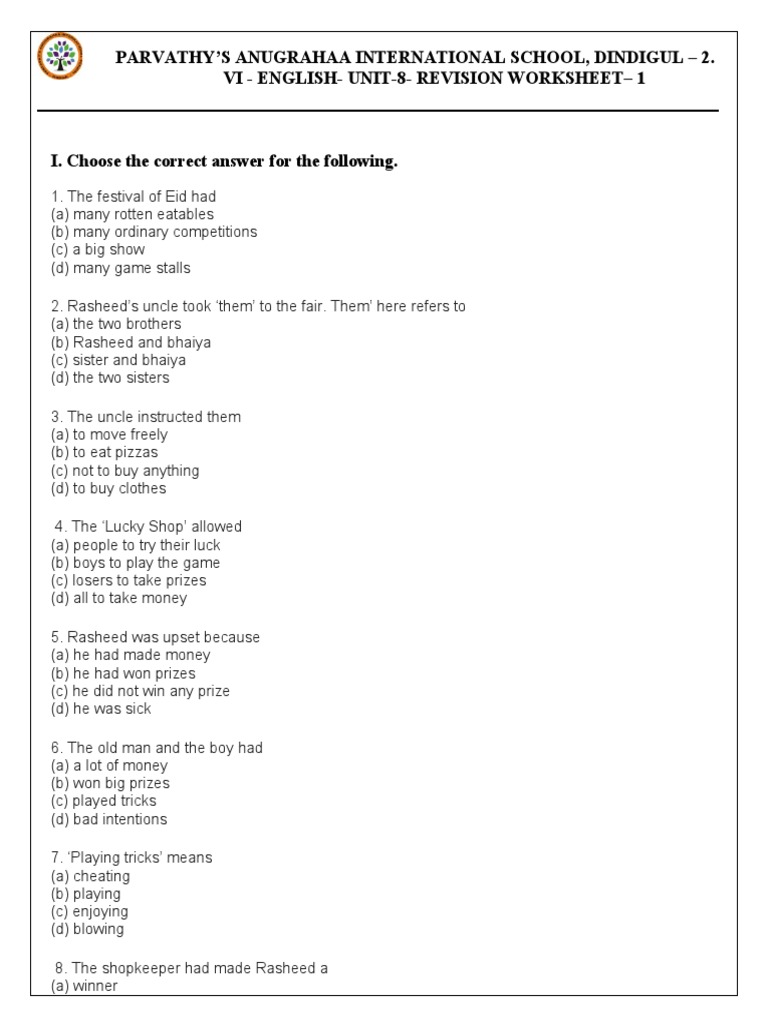 GR 6 English Unit 8 Revision Ws 1 PDF