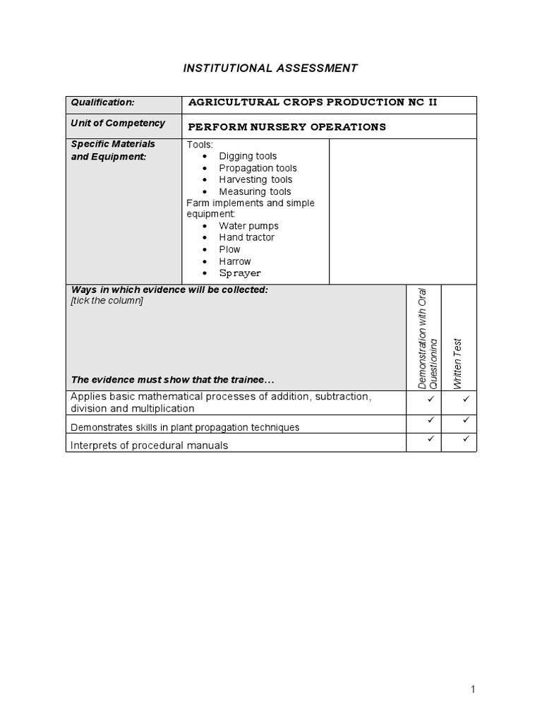 TESDA Institutional Assessment Guide | PDF | Grafting | Horticulture