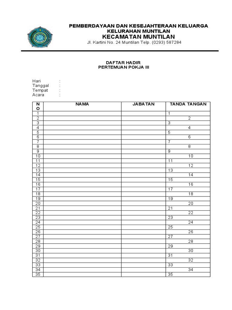 Kop Absen PKK Kelurahan Muntilan | PDF