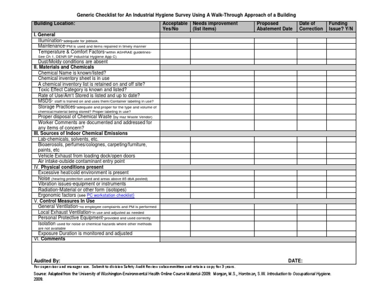 Industrial Hygiene Survey Checklist | PDF | Occupational Hygiene ...