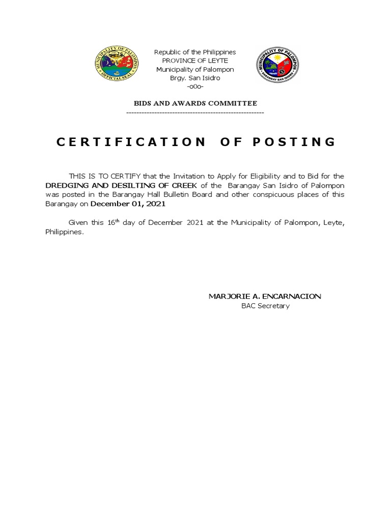 Certification of Posting for Bidding | PDF