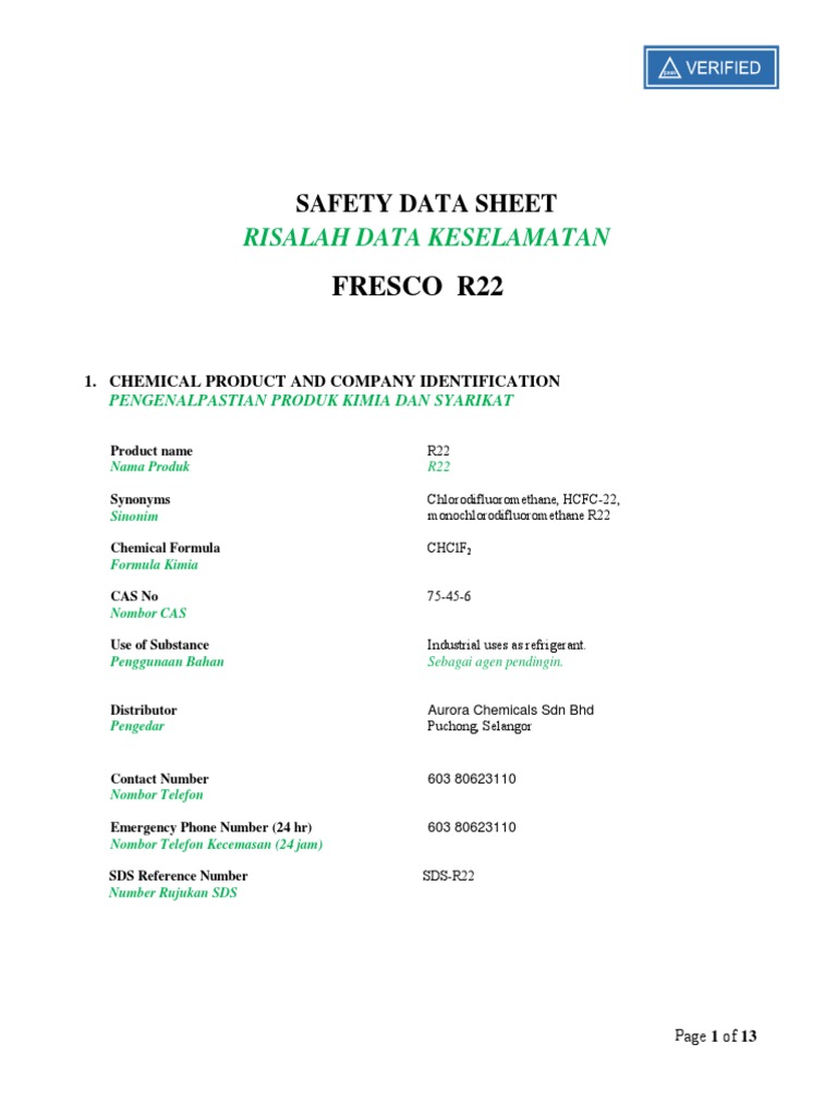 R22 Safety Data Sheet Overview | PDF