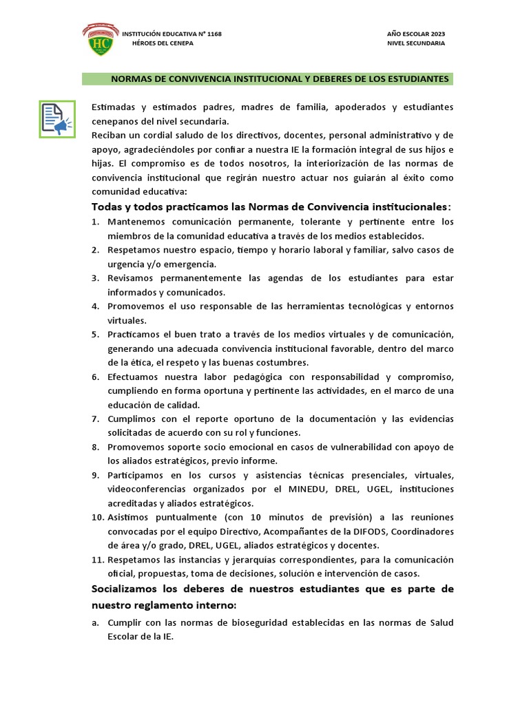 Normas de Convivencia Escolar 2023 | PDF | Salón de clases