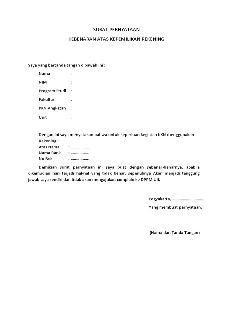 Surat pernyataan kepemilikan rekening pdf