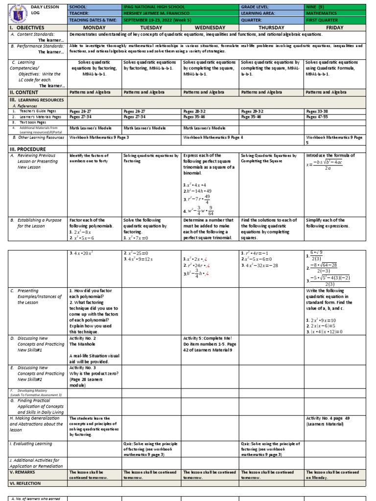 Math 9 Dll Week 5 Download Free Pdf Factorization Equations