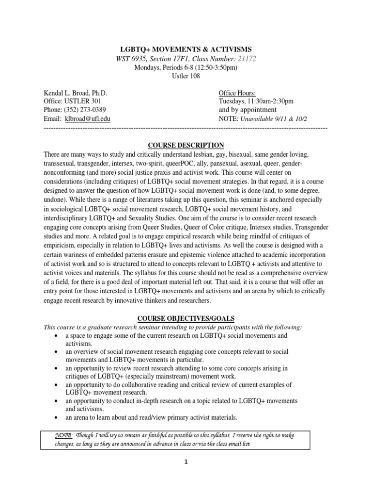 SYLLABUS LGBTQ MOVEMENTS ACTIVISMS Fall 2018 | PDF | Lgbt | LGBTQIA+ ...