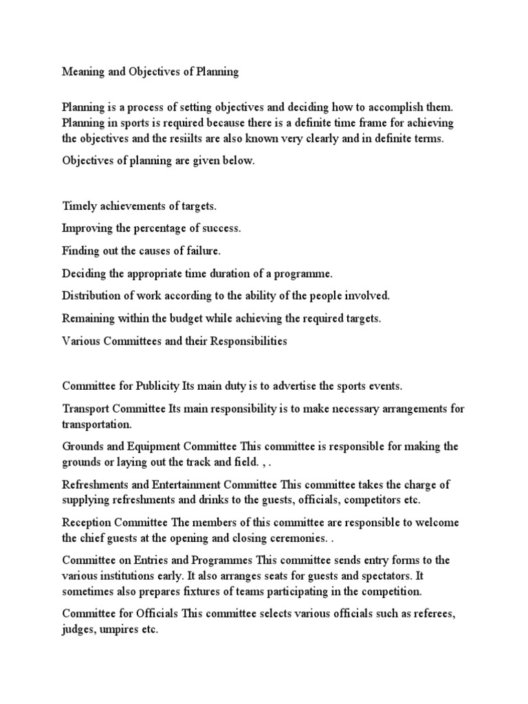 Meaning and Objectives of Planning PDF Tournament Sports