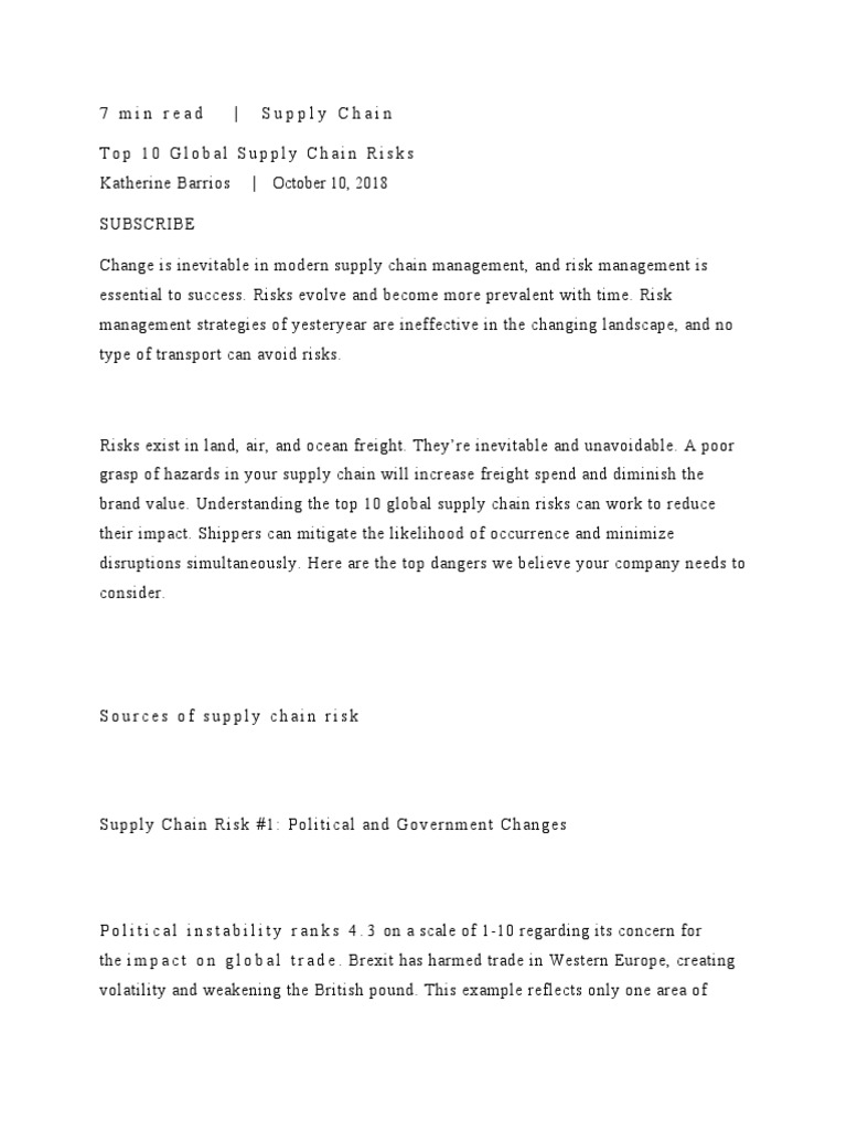 Top 10 Global Supply Chain Risks Pdf Cargo Risk