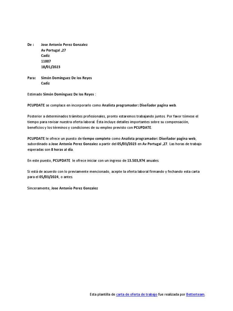 Plantilla Carta de Oferta de Trabajo Descarga 20220907 PDF