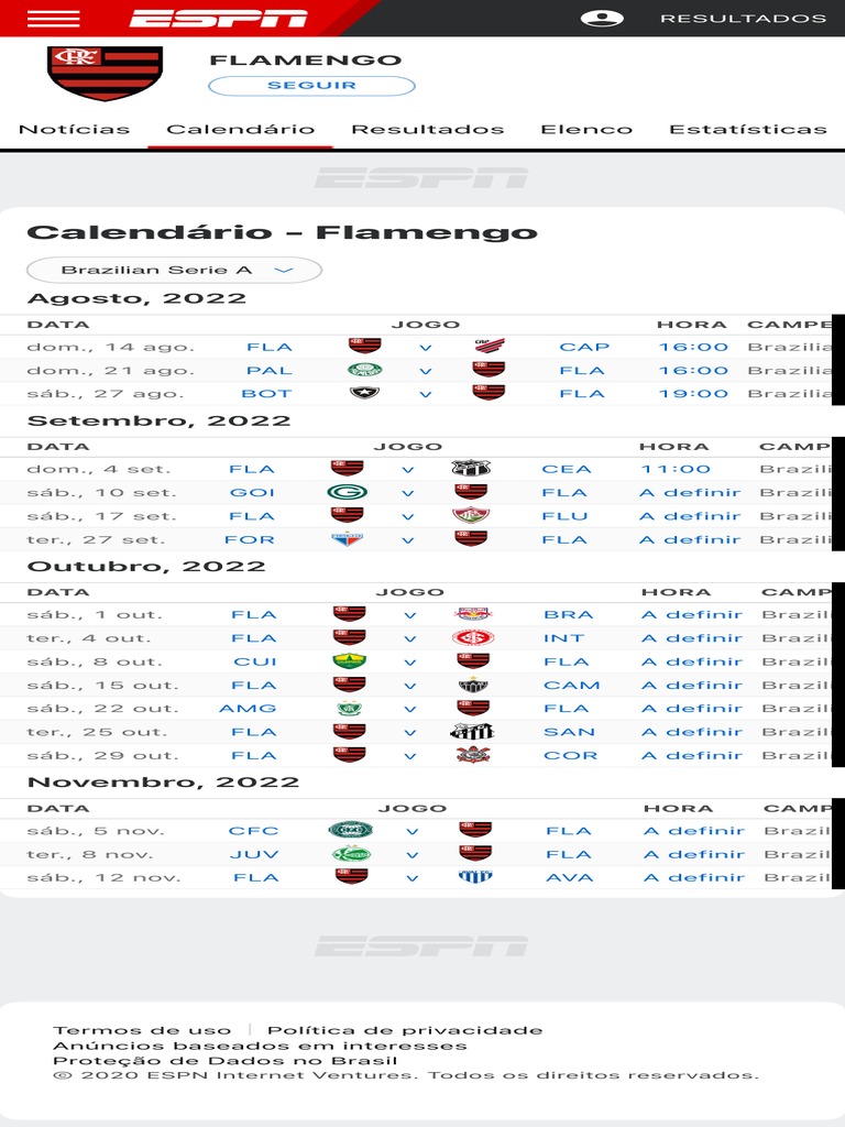 Calendário - Flamengo ESPN | PDF