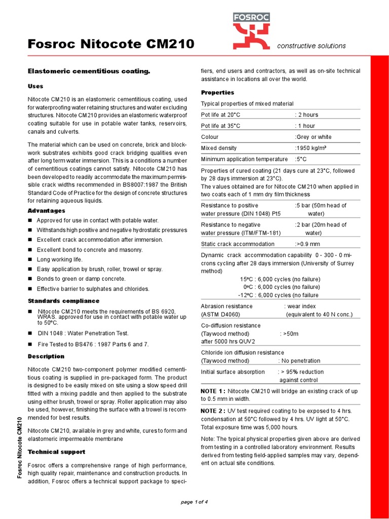 TDS Fosroc Nitocote CM210 India3 | PDF | Concrete | Water