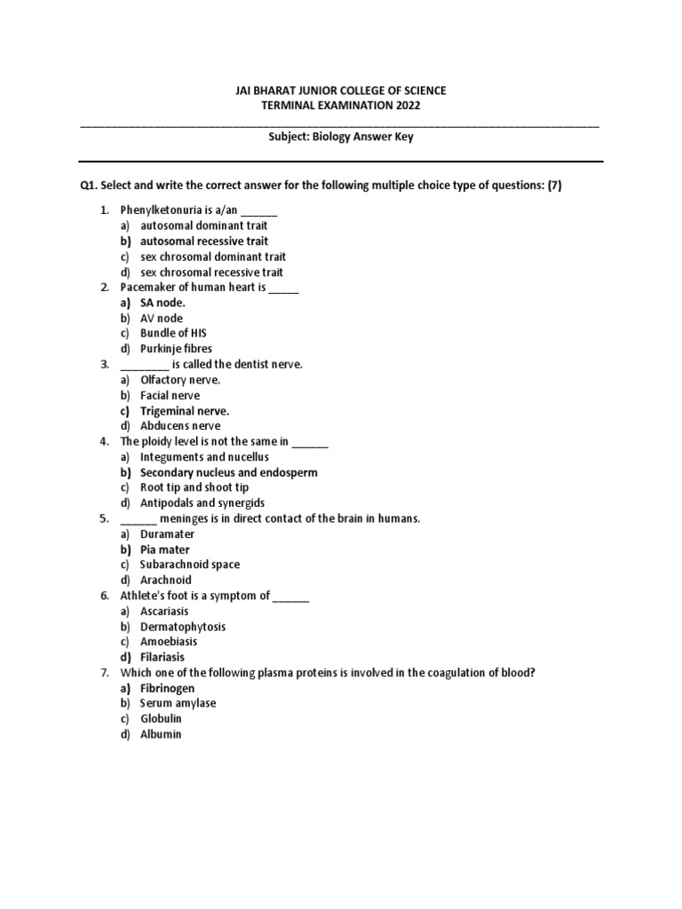 Terminal Exam Answer Key (Biology) PDF
