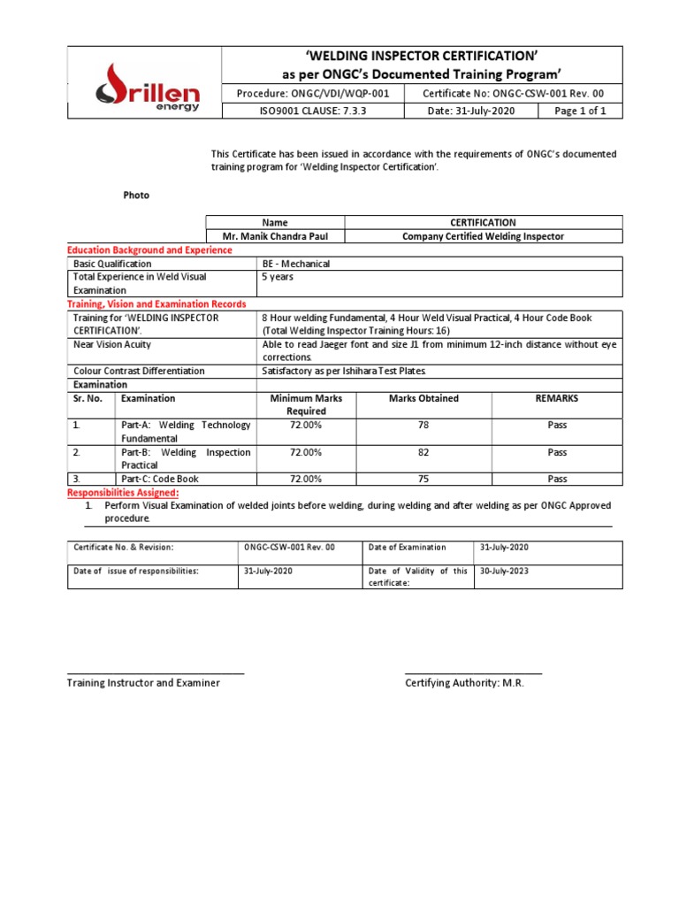 Welding Inspector Certification Details | PDF