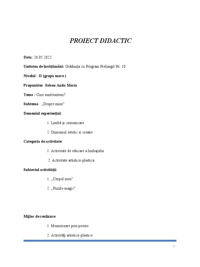 Sabou Anda Maria, Proiect Didactic, Gr. Mare, ,,partile Corpului'' | PDF