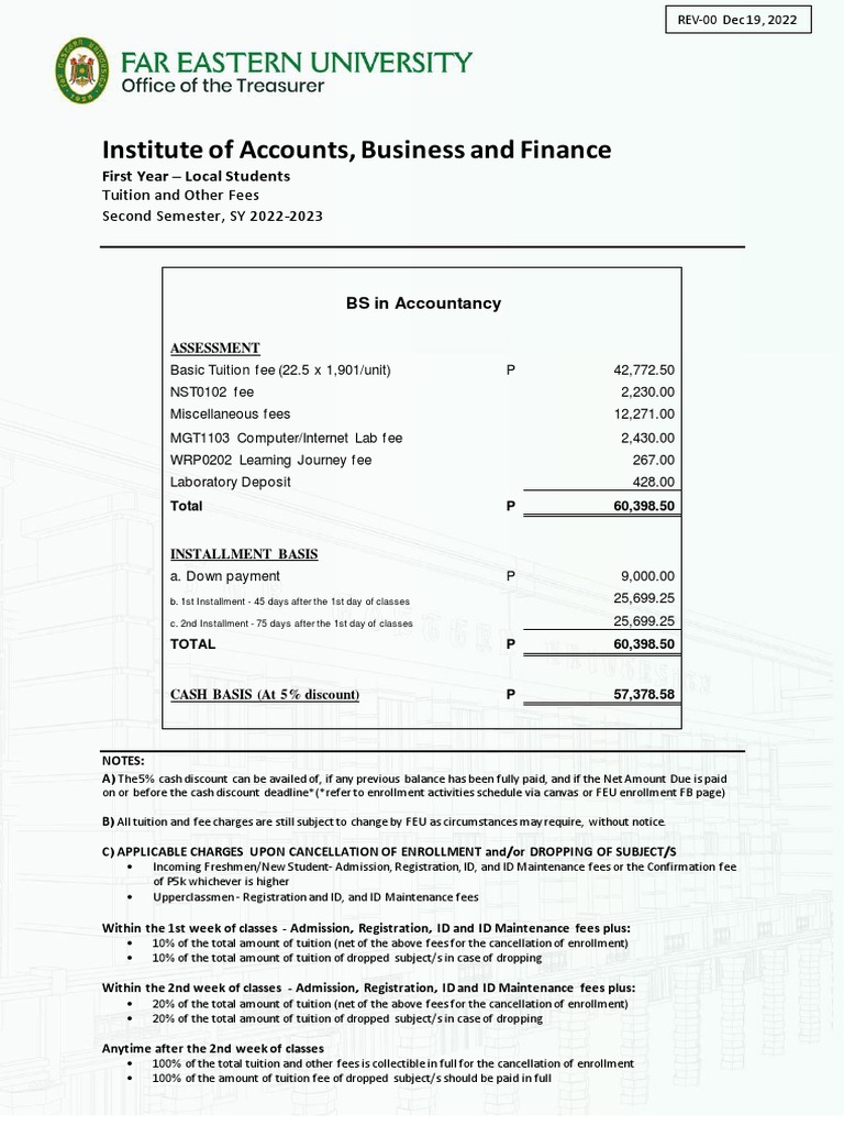 FEU Accountancy Tuition Fees 2022-2023 | PDF | Tuition Payments | Fee