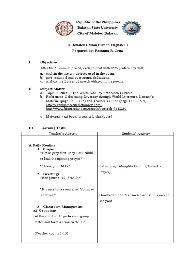 Detailed Lesson Plan for Grade 10 Poetry | PDF | Poetry | Rhyme