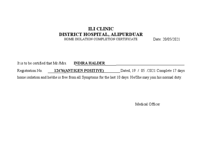 Home Isolation Completion Certificate PDF