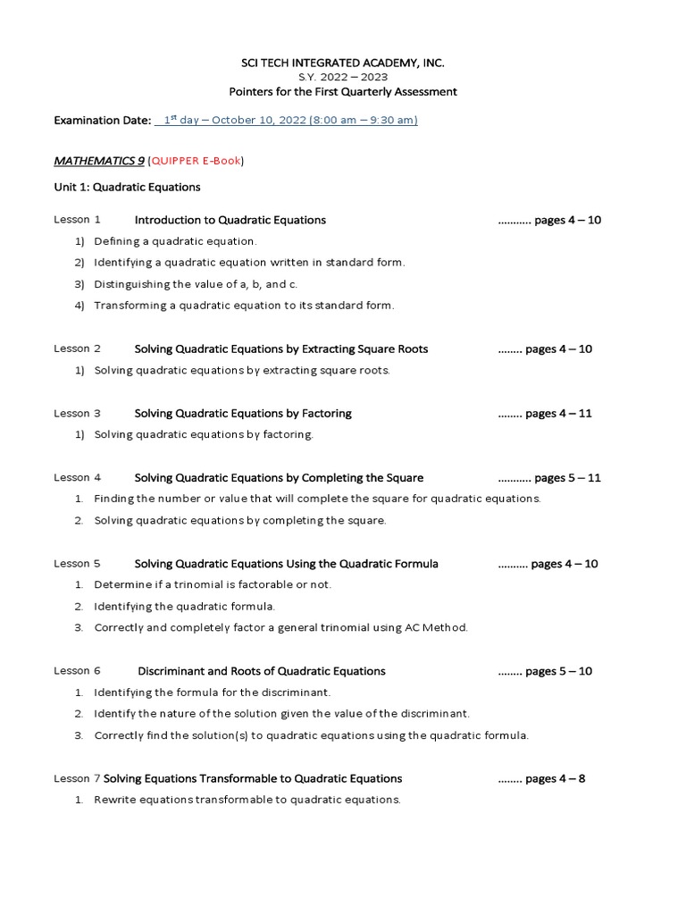 Grade 9 Math 1st Quarter Review Guide | PDF | Quadratic Equation ...