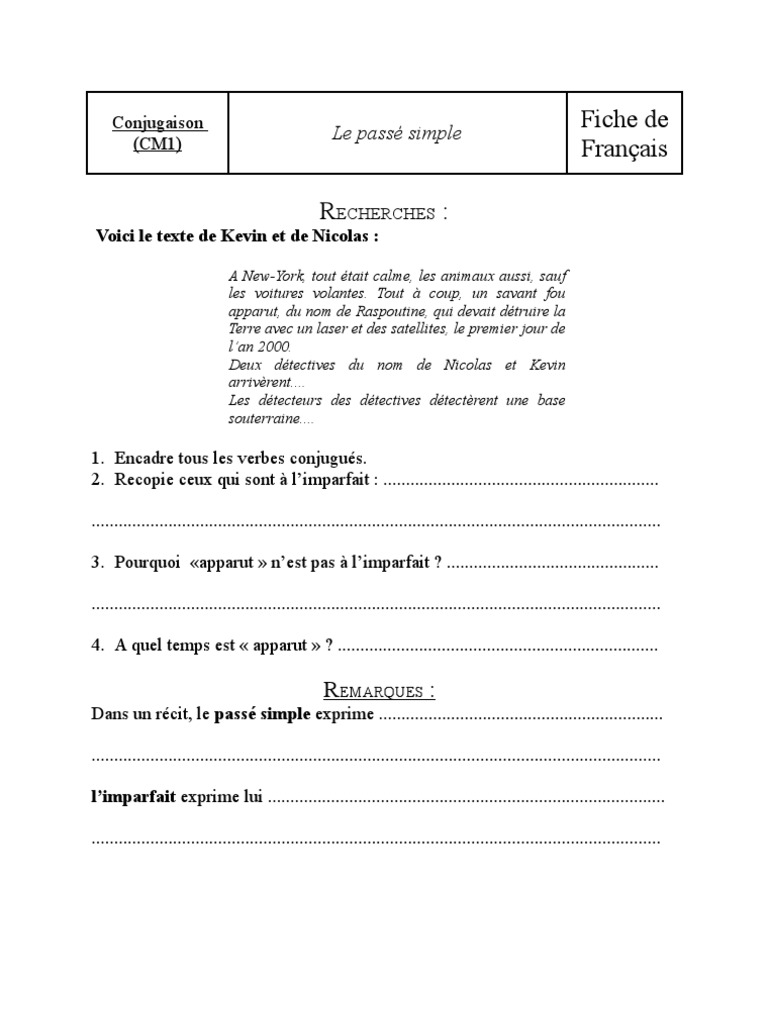 Evaluation Imparfait Passe Simple 6eme Passé Simple Fiche de Français | PDF | Typologie linguistique | Linguistique
