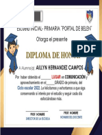 Diploma de Honor: Escuela Inicial-Primaria Portal de Belen Otorga El Presente