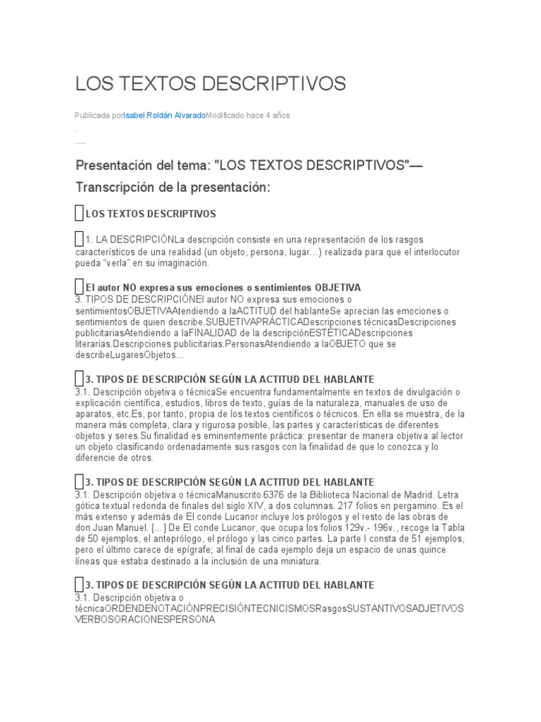 Estructura y Tipos de Textos Descriptivos | PDF | Artes del Lenguaje y ...