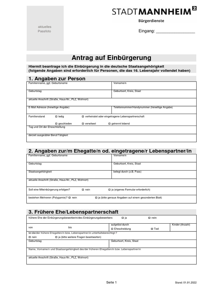 Formular Für Den Einbürgerungsantrag Stand 01.01.2022 | PDF