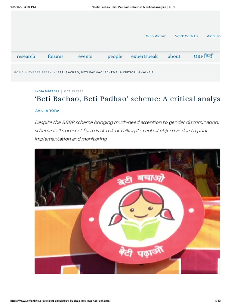 Beti Bachao, Beti Padhao' Scheme - A Critical Analysis - ORF | PDF ...