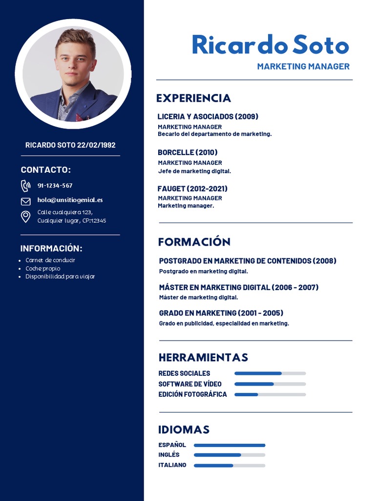 CV Currículum Vitae Marketing Manager Corporativo Azul PDF