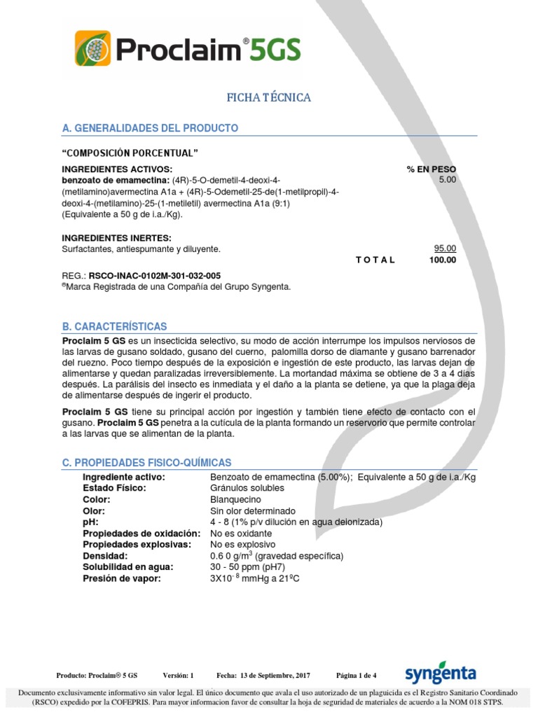 Fichatecnica-Proclaim 5 Gs | PDF | Pesticida | Residuos