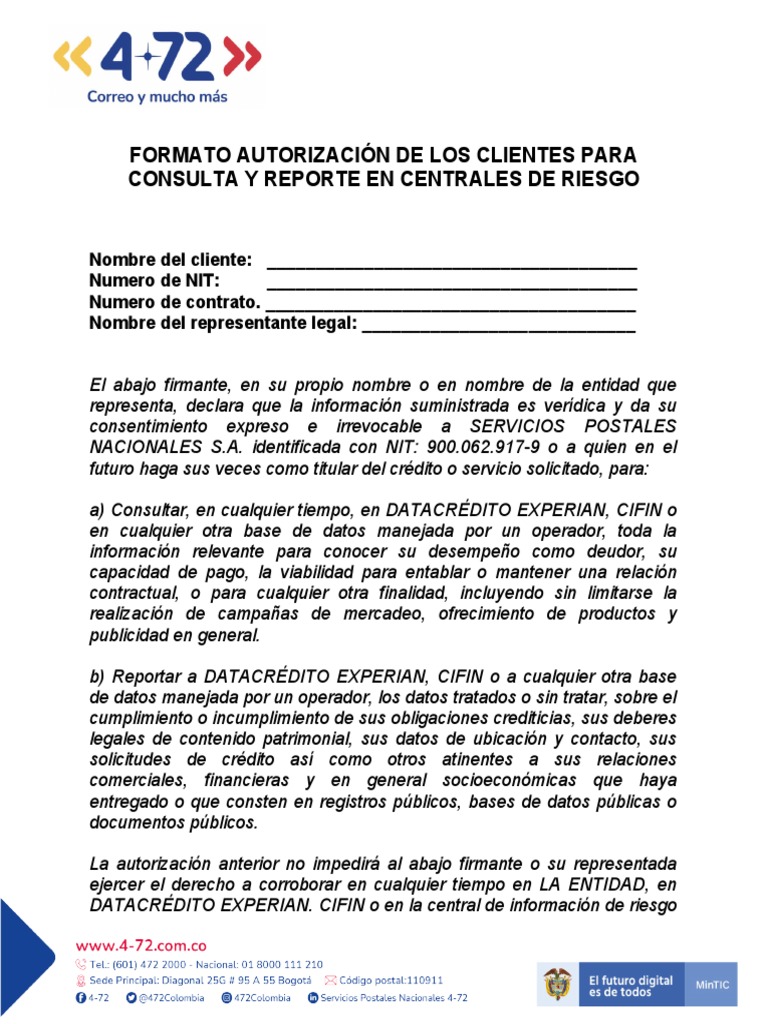 Formulario de autorización para consulta y reporte de información ...