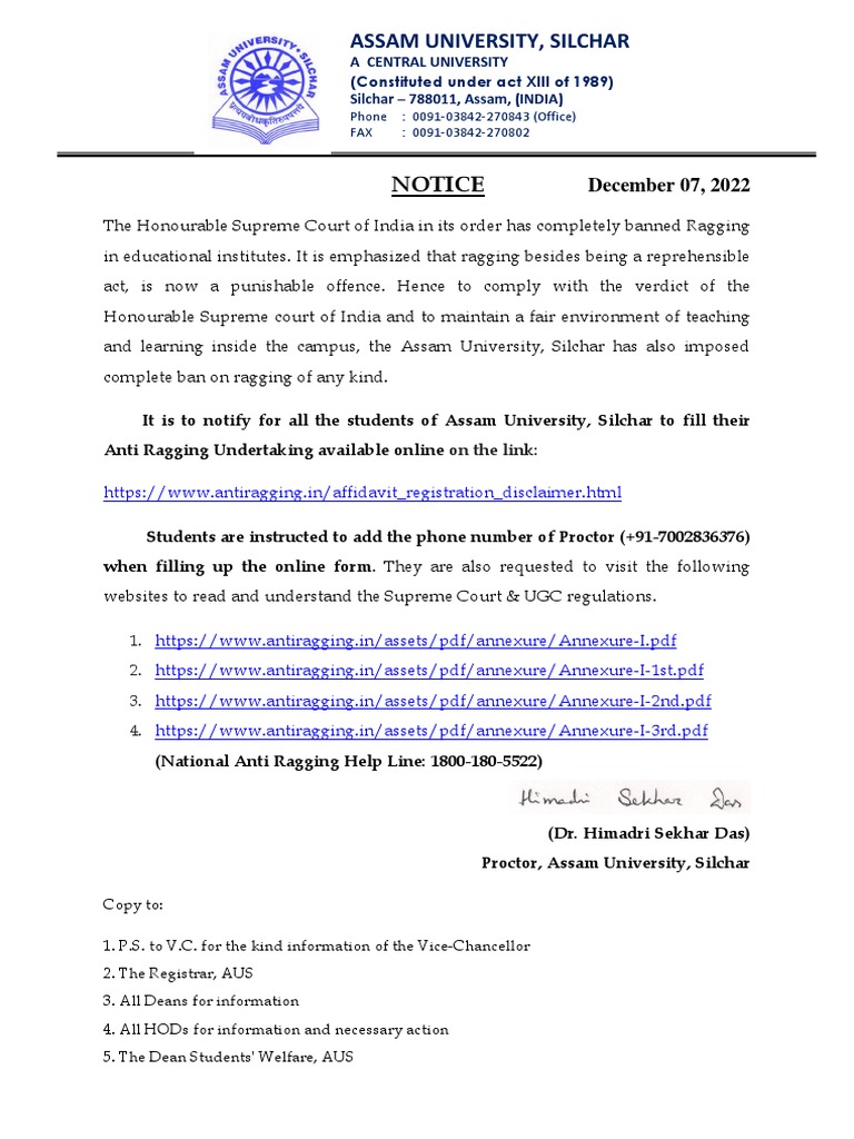 Notice Anti Ragging | PDF