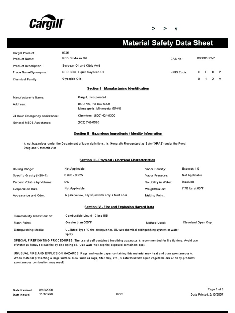 Cargill RBD Soybean Oil Safety Data | PDF | Water | Chemistry