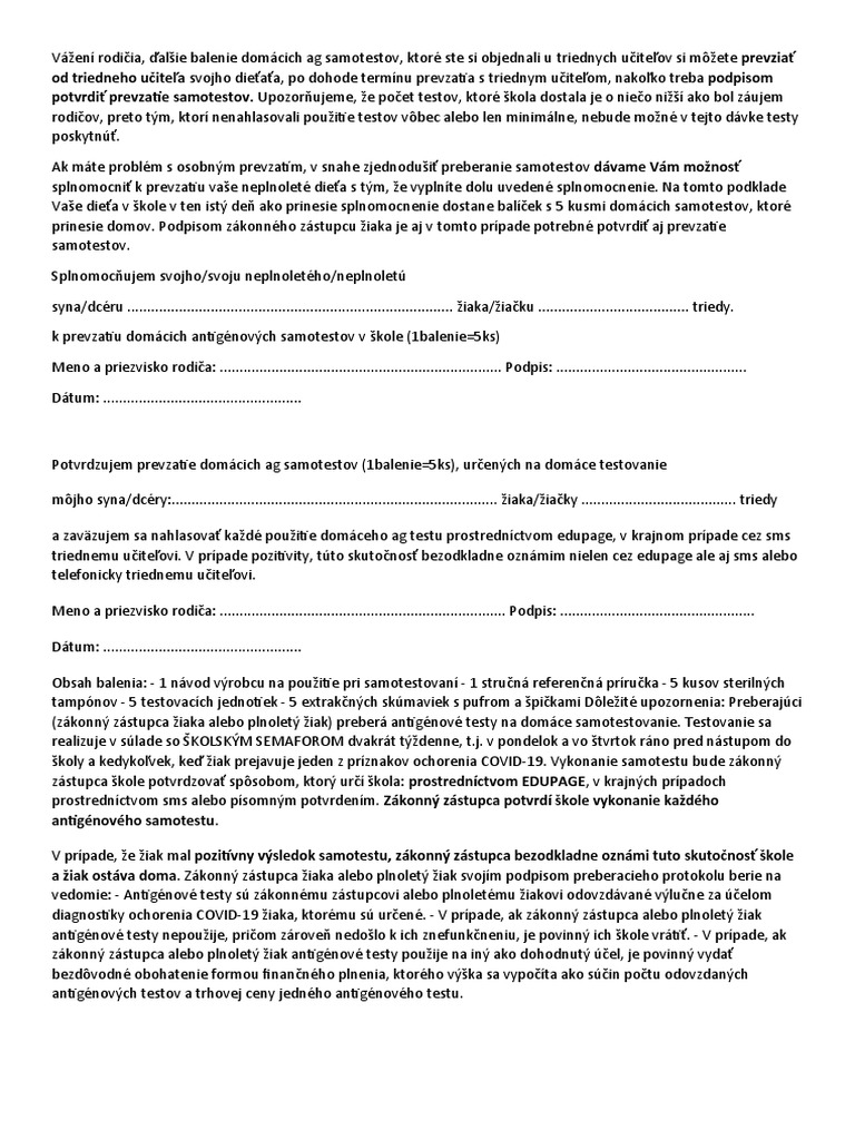 Splnomocnenie A Prevzatie Samotestov 2. DÃ¡Vka | PDF